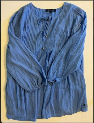 Tommy Hilfiger Blouse Women's Plus 0X Pintucked Top FRNCH BLUE Long Sleeves