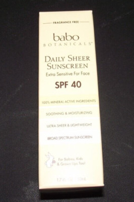 Babo Botanicals Daily Sheer Mineral Face Sunscreen SPF 40 Fragrance Free 1.7 OZ.