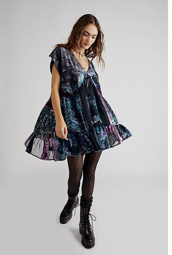 Бархатное мини-платье Free People с шарфами и смешанным принтом S