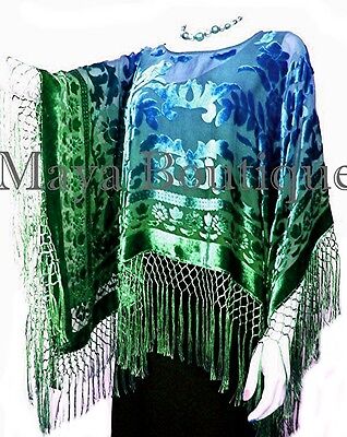 Pre-owned Maya Matazaro Hand Dye Poncho Shawl Top Green & Blue Ombree  Usa Made