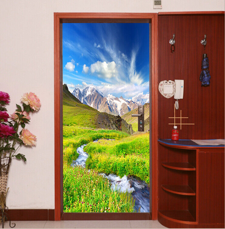 3D Green Field Mountain Blue Sky Door Sticker Self-Adhesive Bedroom Poster Mural