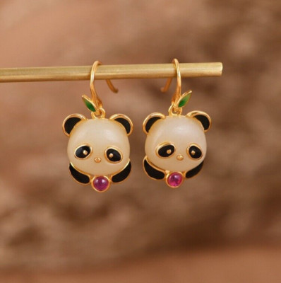 I05 Earrings Panda Bear From White Natural Jade Silver 925 Gold Plated