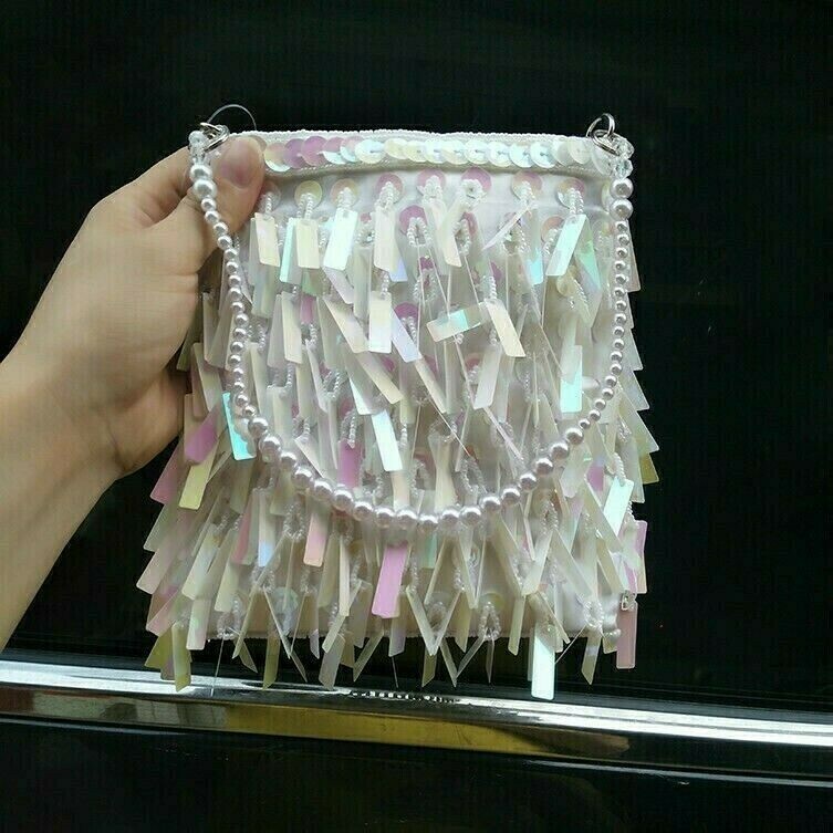 Borsa A Spalla In Perline Fatta A Mano Con Frange E Glitter Con Cerniera