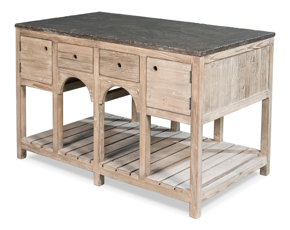 Reclaimed Pine Kitchen Island with a Stone Top