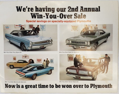 1968 Plymouth Fury Satellite Valiant Barracuda Promotional Sales Mailer Postcard