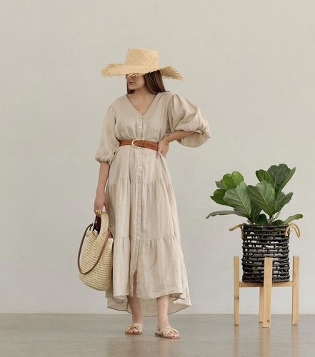 100% Linen Mango Dress Flowy Puff Sleeve | eBay