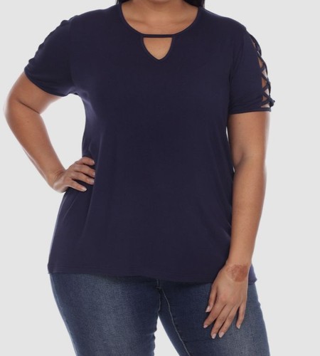 売れ筋商品|||ホワイトマーク カットソー トップス レディース Plus Size Keyhole Neck Cutout Short Sleeve Top Navy white mark Women's Plus Size Keyhole Neck Cutout Short