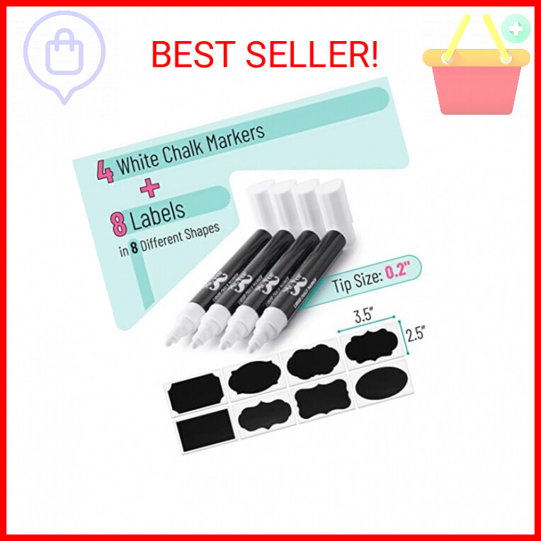 Mr. Pen- White Chalk Markers, 4 Pack, Dual Tip, 8 labels, White Liquid Chalk Mar