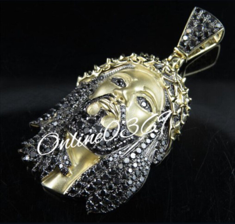 Pre-owned Online0369 Men's 4.5ct Black Cubic Zirconia Jesus Charm Pendant Yellow Gold Plated Silver