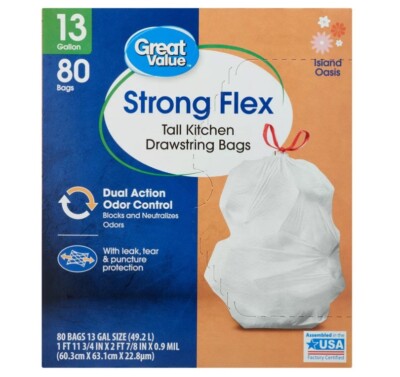 Great Value Strong Flex Tall Drawstring Kitchen Bags, Island Oasis Scent