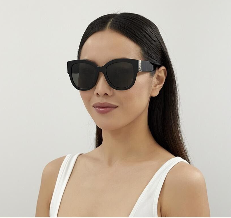 Pre-owned Saint Laurent Slm95/f 001 Black Grey Oversized Cat Eye Women Sunglasses In Gray