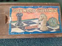 Vintage Wooden Chess Pieces in Wooden Box