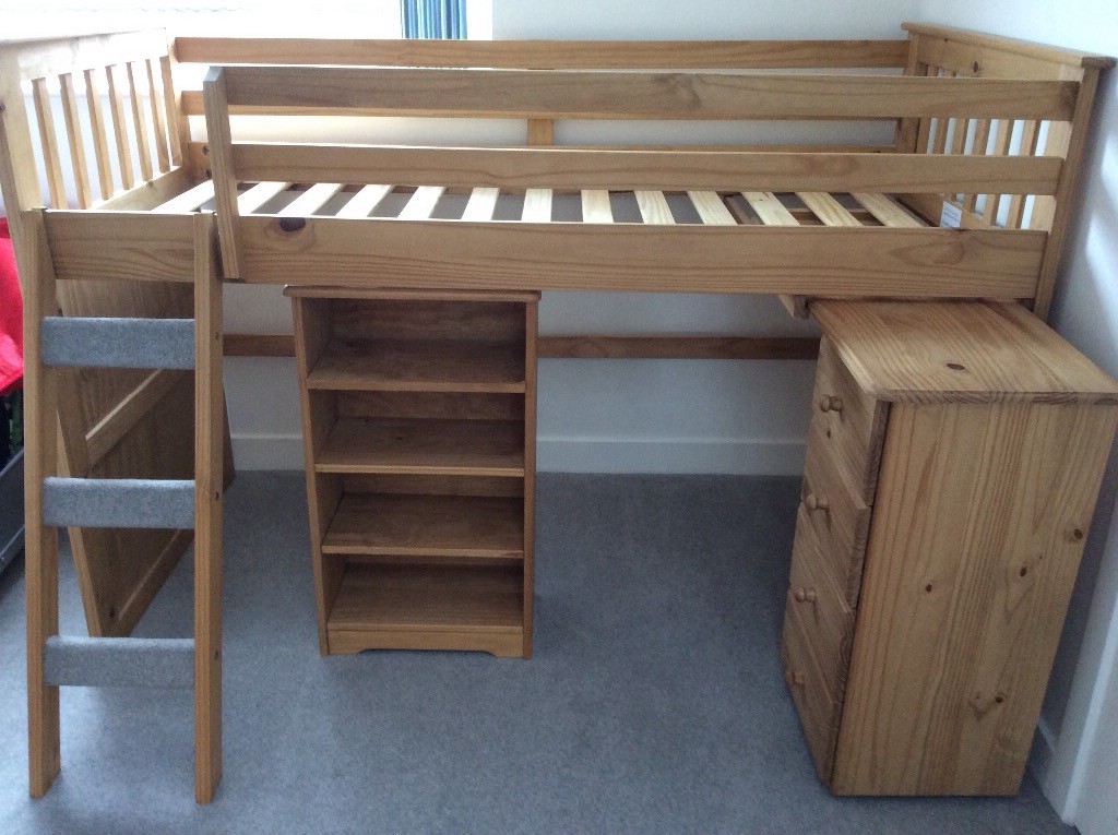 Kids Wooden Single High Bed With Drawers And Shelves In
