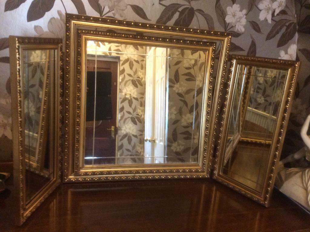 VINTAGE FRENCH STYLE TRIPLE MIRROR DRESSING TABLE ORNATE GILT GOLD