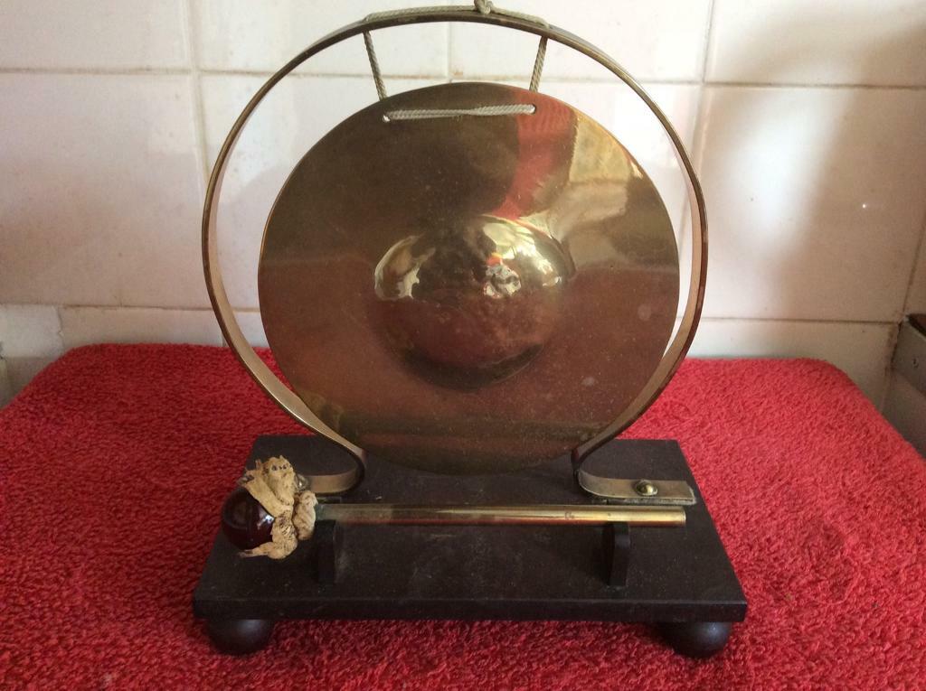 Vintage Brass Bong and Gong on a Wooden Base in Poringland, Norfolk