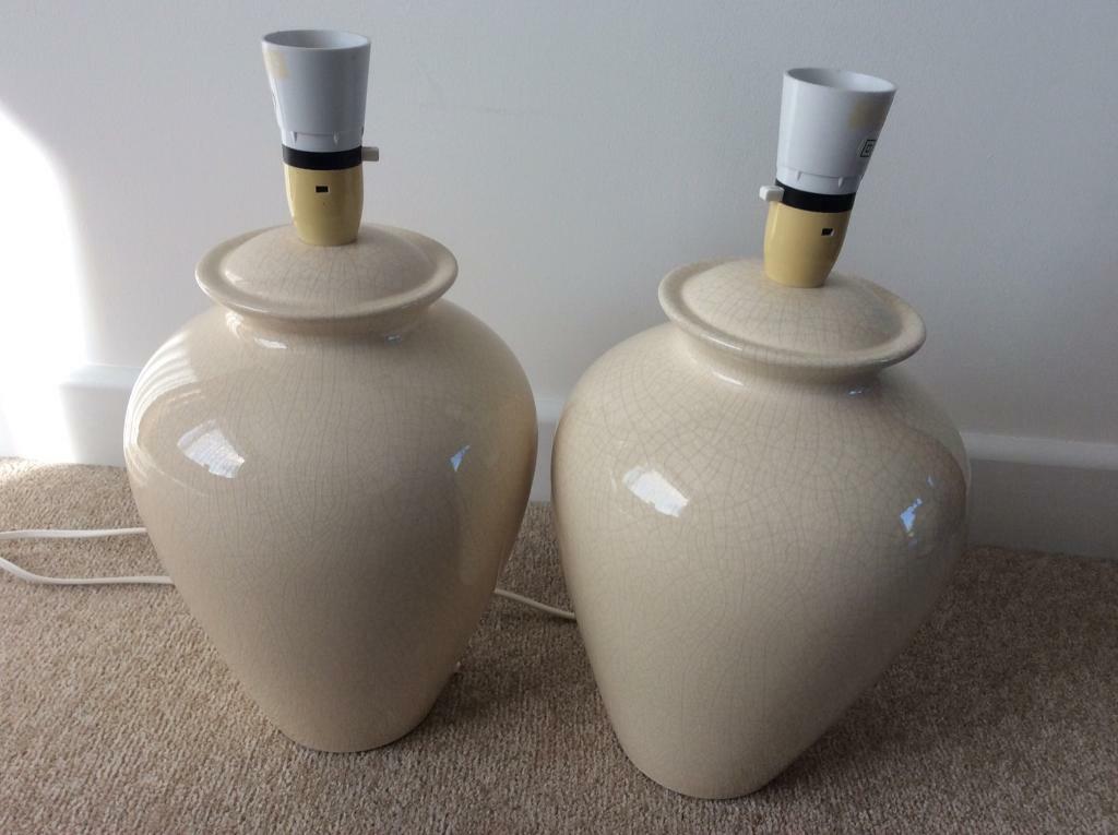 PAIR OF CREAM CRACKLE GLAZE CERAMIC 10” LAMP BASES in Chipping