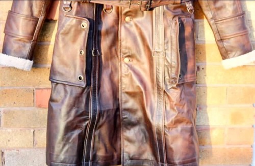 Pre-owned Vintage Battle Fallout Coat Cosplay Costume Trench Overcoat, Real Fur Collar 100% Leath In Brown