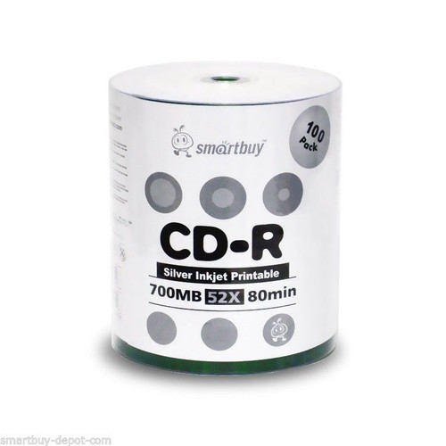 100 Pcs SmartBuy Blank CD-R CDR 52X 700MB/80Min Silver Inkjet Hub Printable Disc