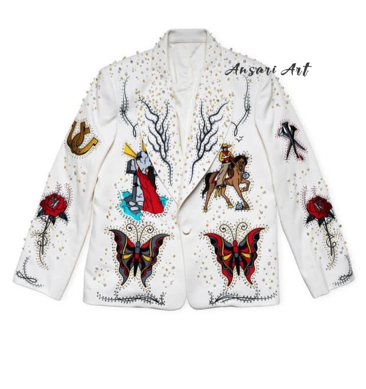Pre-owned Art Men White 2pc Bespoke Country Western Suit Vintage Embroidered Designer Wedding
