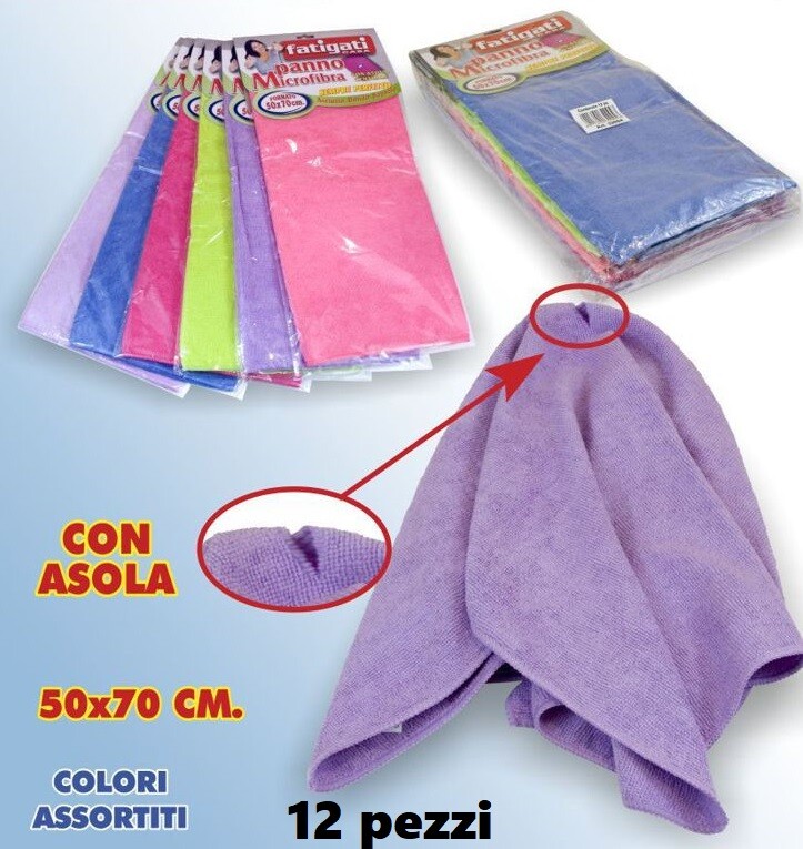 Set 12pz Panno Microfibra SuperAssorbente Pulizia Con Asola Multiuso 50x70cm hmj