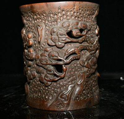 6'' Old Chinese Bamboo Root Hand Carved Pine Tree Hollow Brush Pot Pencil Vase