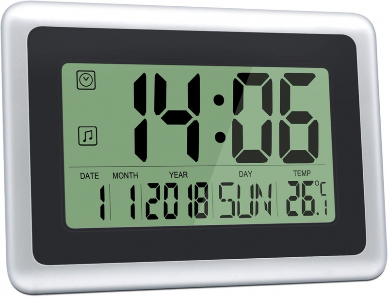 HeQiao Digital Wall Clock with Calendar & Temperature, Large Black W/ Silver