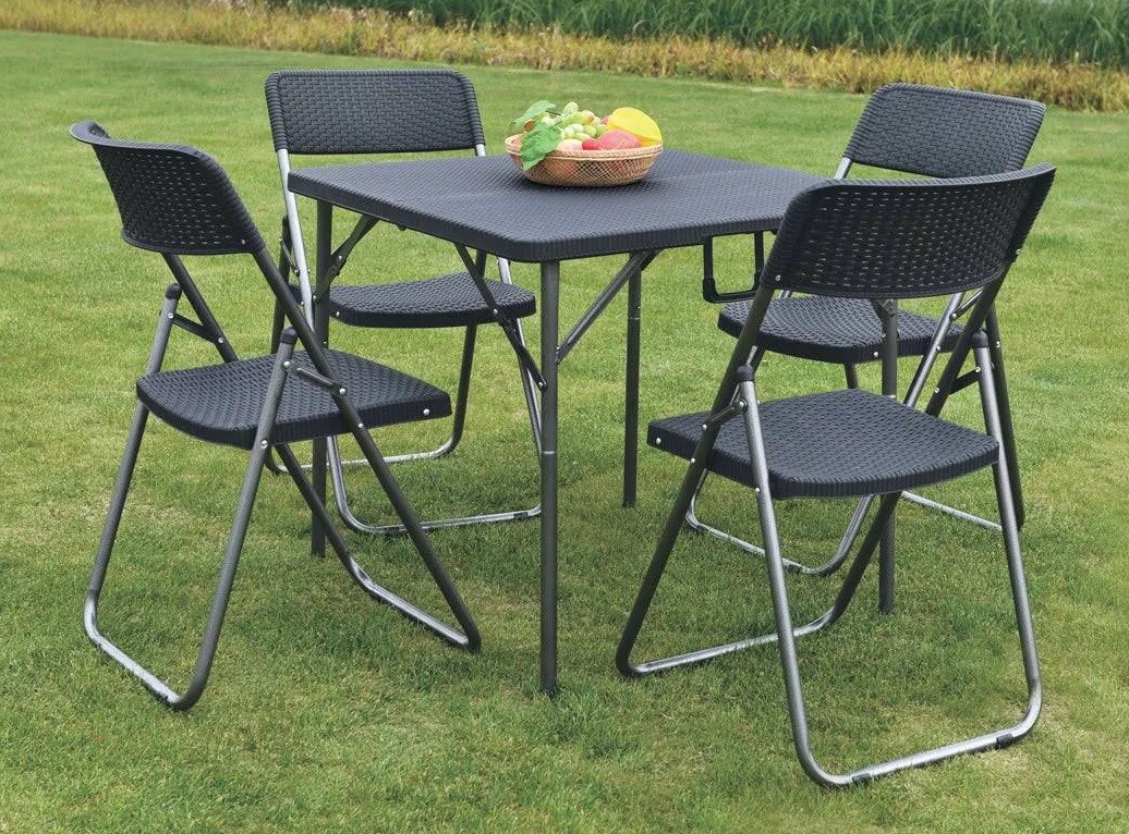 SET TAVOLO TAVOLINO CON 4 SEDIE PIEGHEVOLI ANTRACITE EFFETTO RATTAN DA GIARDINO