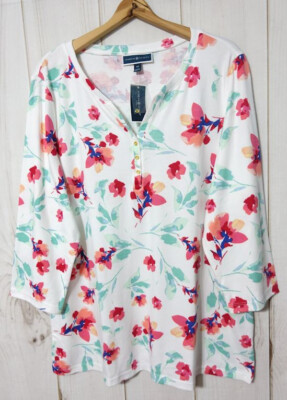 Karen Scott Henley Neck 3/4 Sleeve Shirt Women's 2X White Floral Print Comfy NEW