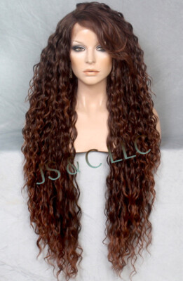 38'' Long Human Hair Blend Lace Front Wig wavy Heat OK Auburn mixed WESP 1B-30