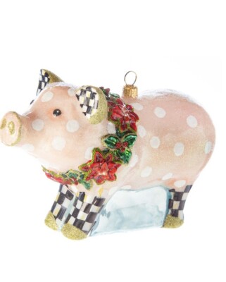 MACKENZIE CHILDS  Glass Christmas Ornament - POLKA DOT PIG