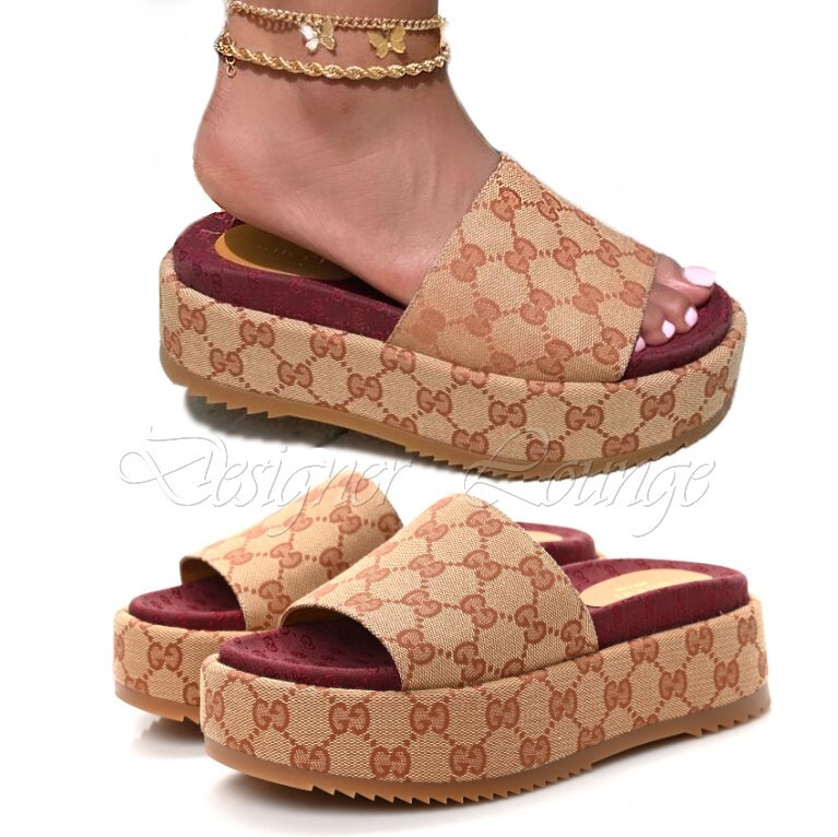 Pre-owned Gucci Angelina Gg Beige Monogram Platform Slide Sandals Size Eu 38 Us 8