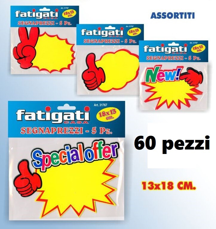 Set 60 Pezzi Cartoncini Segnaprezzi Segna Prezzi Assortiti 13x18cm hmj