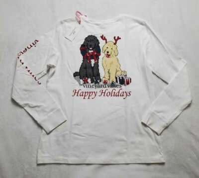 New women's Vineyard Vines Christmas furry friends dogs long sleeve pocket tee