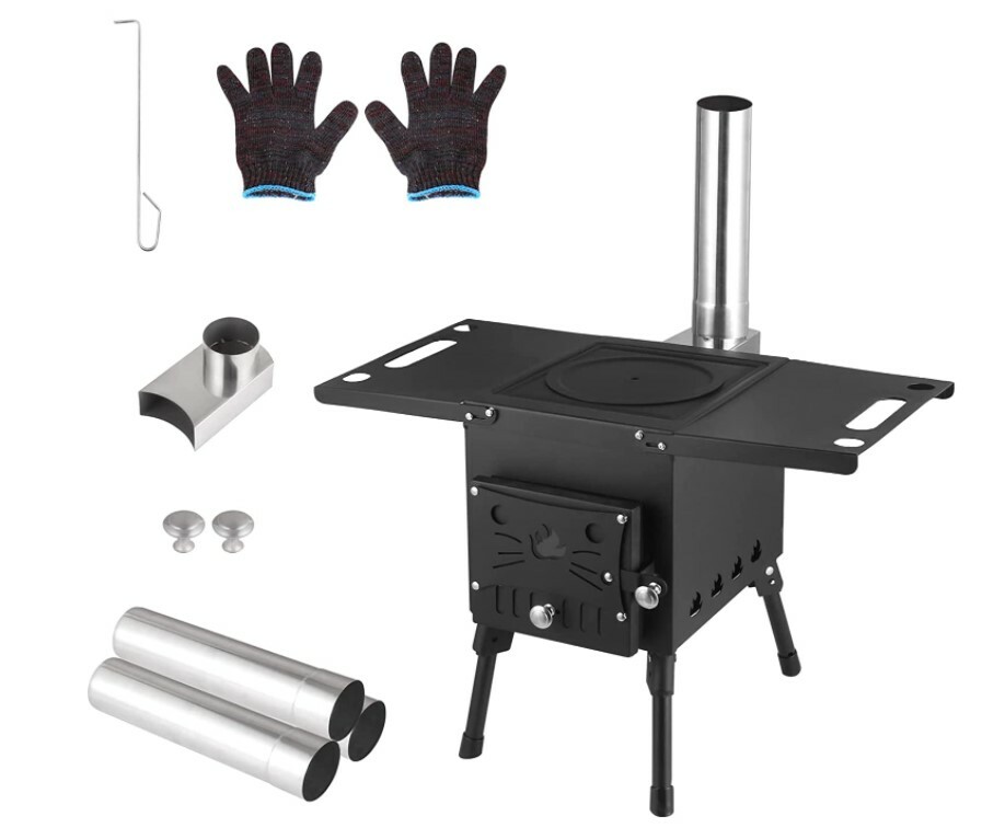 Hot Tent Stove Jack Wood Burning Portable With Vent Pipe Camping Fire