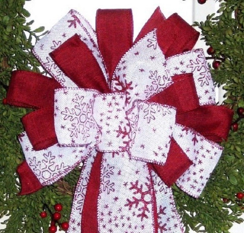 RED SNOWFLAKE WIRED BURLAP BOW for HOLIDAY WREATH GARLAND LANTERN # 13 rb