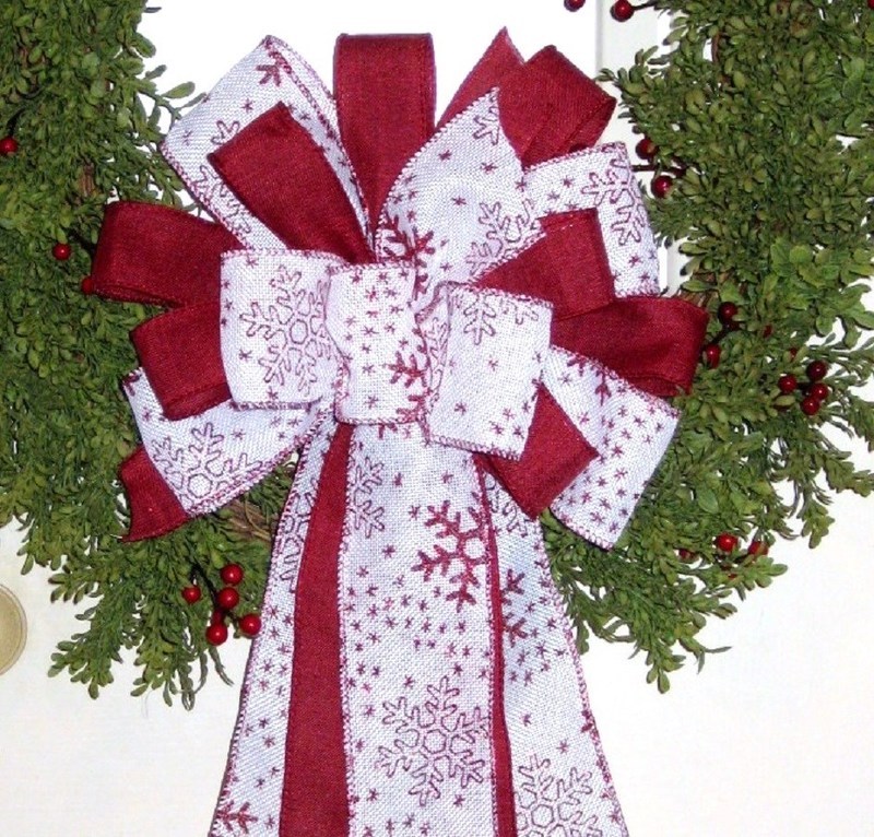 RED SNOWFLAKE WIRED BURLAP BOW for HOLIDAY WREATH GARLAND LANTERN # 13 rb