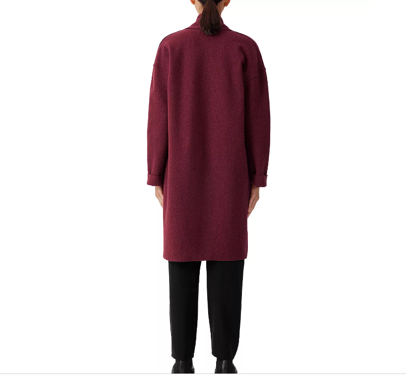 Pre-owned Eileen Fisher Lightweight Boiled Wool Long Cardigan Coat Red Cedar Dark Red L