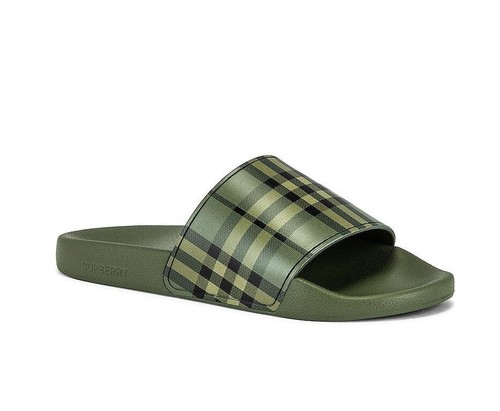Pre-owned Burberry Nwb  Furley Men Rubber Slip On Slides Sandal Check Army Green 10 Us/43