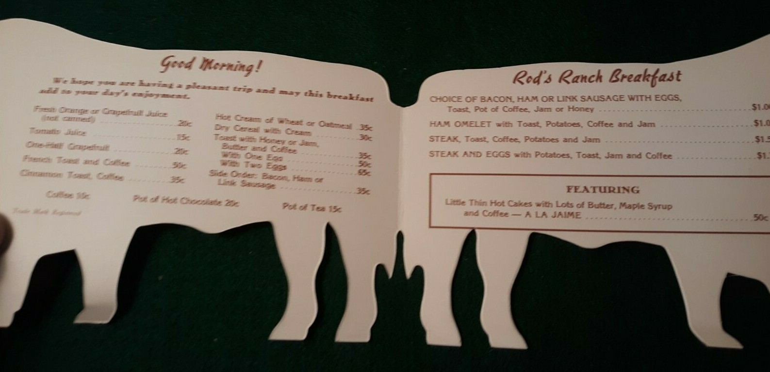 Vintage ROD'S Steak House in Williams AZ. COW Breakfast Menu VERY NEAT