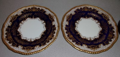 WOW!  Pr 2 Coalport Bone China Dinner Plates Cobalt Blue w/Heavy Gold Design NR