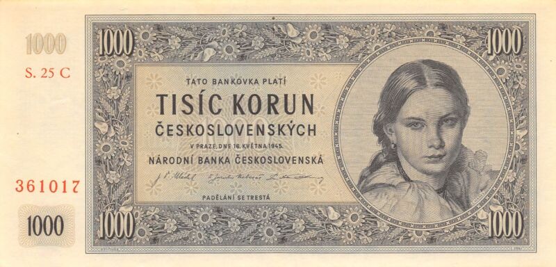 Czechoslovakia 1000 Korun 16.5.1945  Series S. 25 C  Uncirculated Banknote TX10