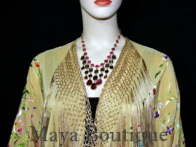 Pre-owned Maya Matazaro Gold Beige Silk Embroidered Fringe Jacket Flamenco Kimono Multi