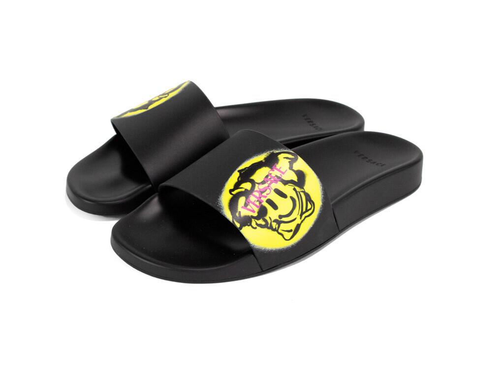 Pre-owned Versace Mens Gomma St. Medusa Smile Black Bright Yellow Pool Slide Sandals