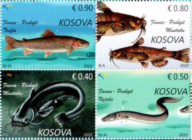 Kosovo Stamps 2022. Fauna: Fish. Trout, eel, catfish. Set MNH
