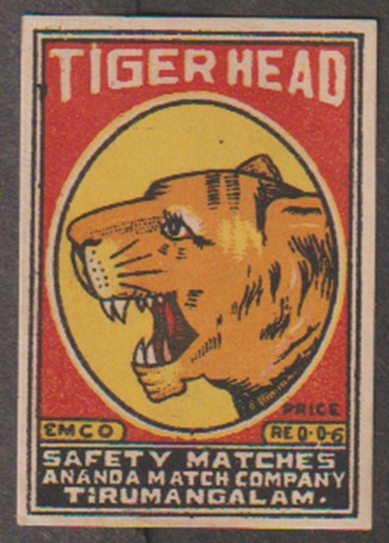 India vintage early matchbox label - Tiger Head