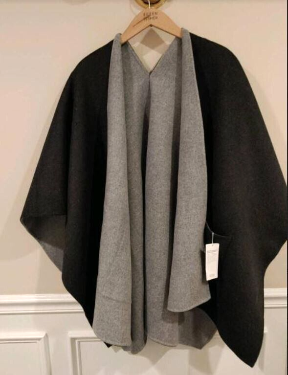 Pre-owned Eileen Fisher Dble-faced Wool / Cashmere Serape Poncho Charcoal/moon One Size In Gray