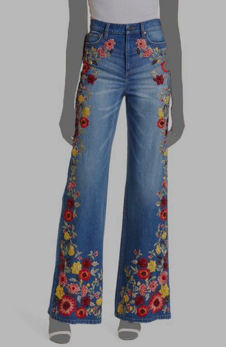 Pre-owned Alice And Olivia $695 Alice + Olivia Women's Blue Floral Embroidered Wide Leg Jeans Pants Size 25