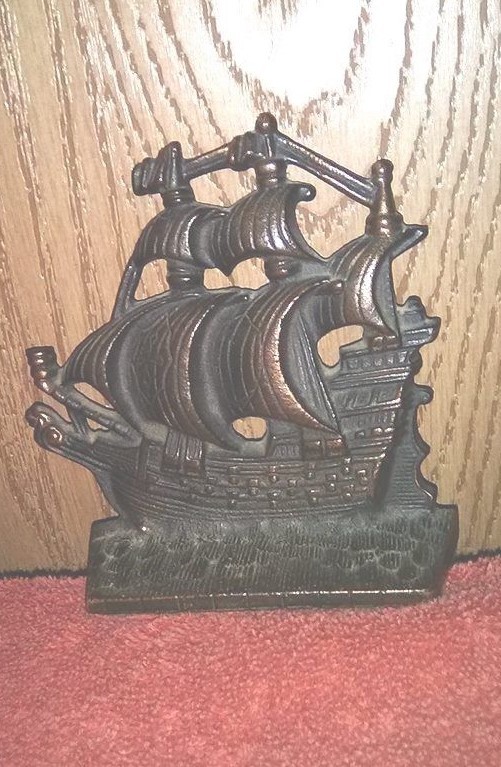 Copper Washed Cast Iron Book Ends.  Sailing Ship with Three Masts.  20.