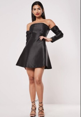 MISSGUIDED BARDOT PUFF SLEEVE ALINE DRESS NEW NWT SZ 6 S BLACK MINI DRESS