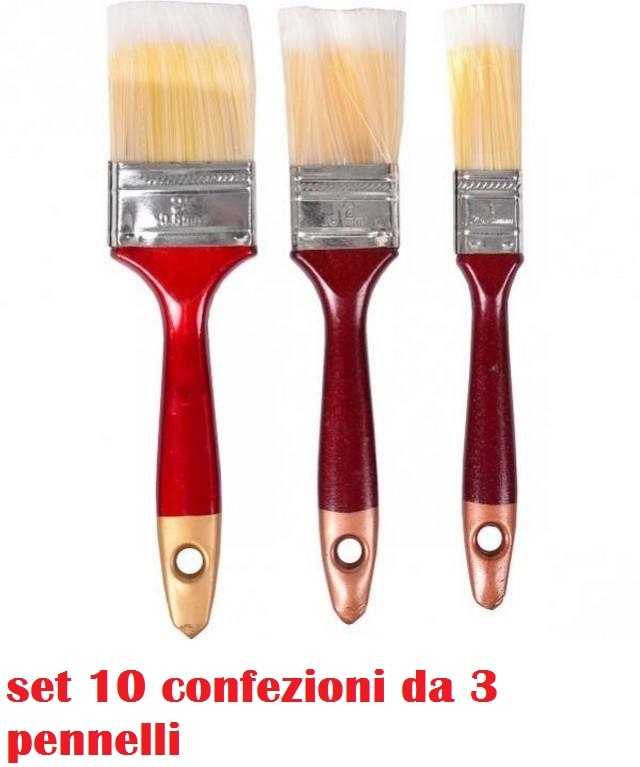 Set 10 Confezioni da 3 Pennelli Pittura Setola Sintetica Misure 1" 1-1/2" 2" moc